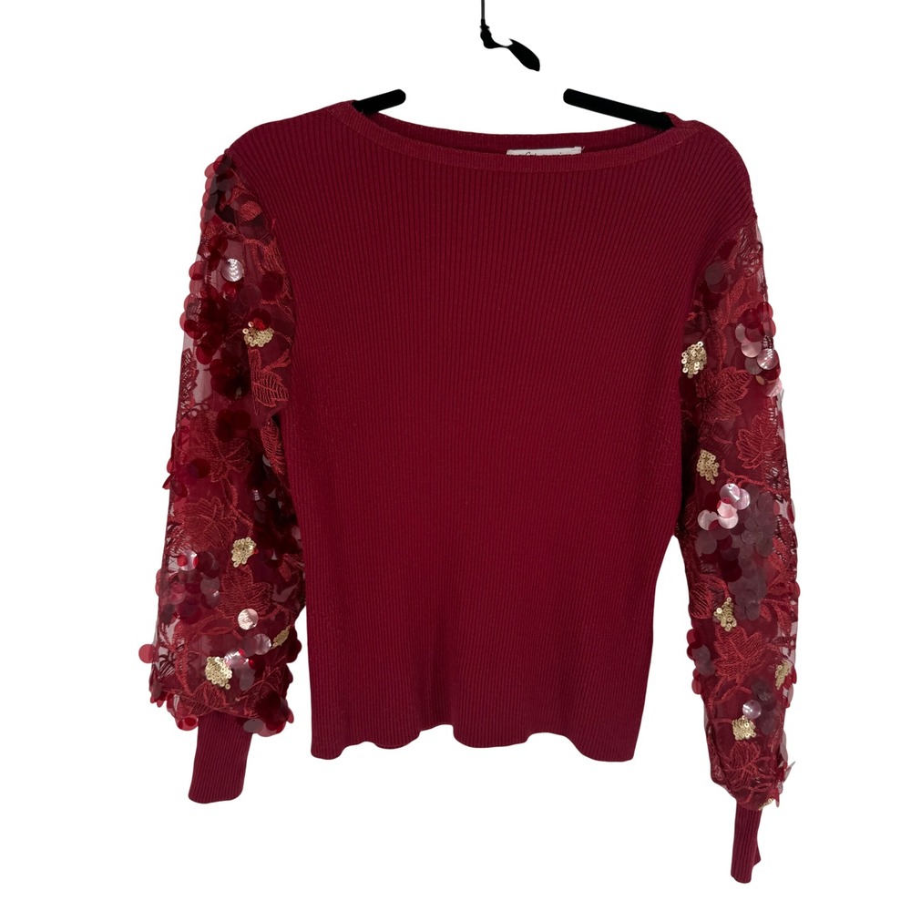 Siani Milano Ribbed Sweater Womens Small Burgundy‎ Excellent Sequin Lace Sleeve